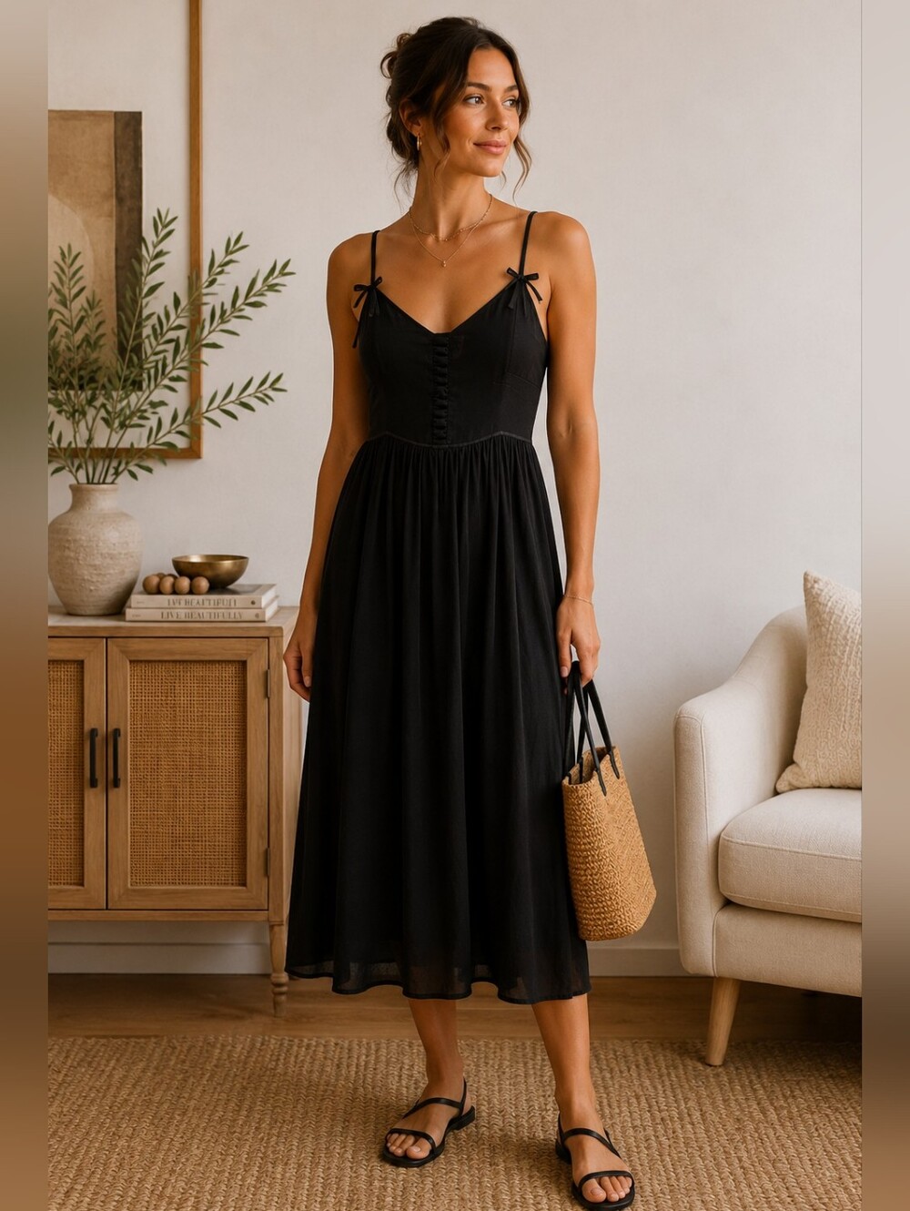 Anthropologie Deletta 100% Silk Black Tie Strap Midi Dress Size 12 Boho Romantic
